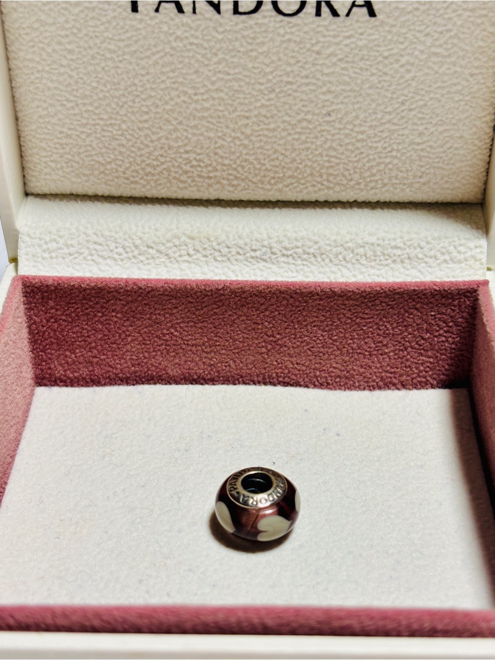 RETIRED Pandora Purple with White Heart Murano Charm